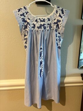 Mi Golondrina Blue and White Embroidered Mini Dress